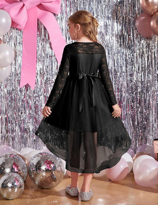 Arshiner Flower Girl Lace Tutu Dresses High Low Hem Long Sleeve Flowy Formal Party Wedding Dress