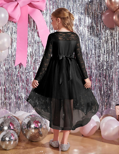 Arshiner Flower Girl Lace Tutu Dresses High Low Hem Long Sleeve Flowy Formal Party Wedding Dress