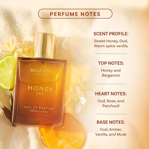 BellaVita Luxury Honey Oud Eau de Parfum (3.4 fl. oz.) | Patchouli, Vanilla, Bergamot, Floral & Spicy + Made with Clean & Vegan Essentials Oils + Cruelty Free | Long-Lasting Unisex Fragrance