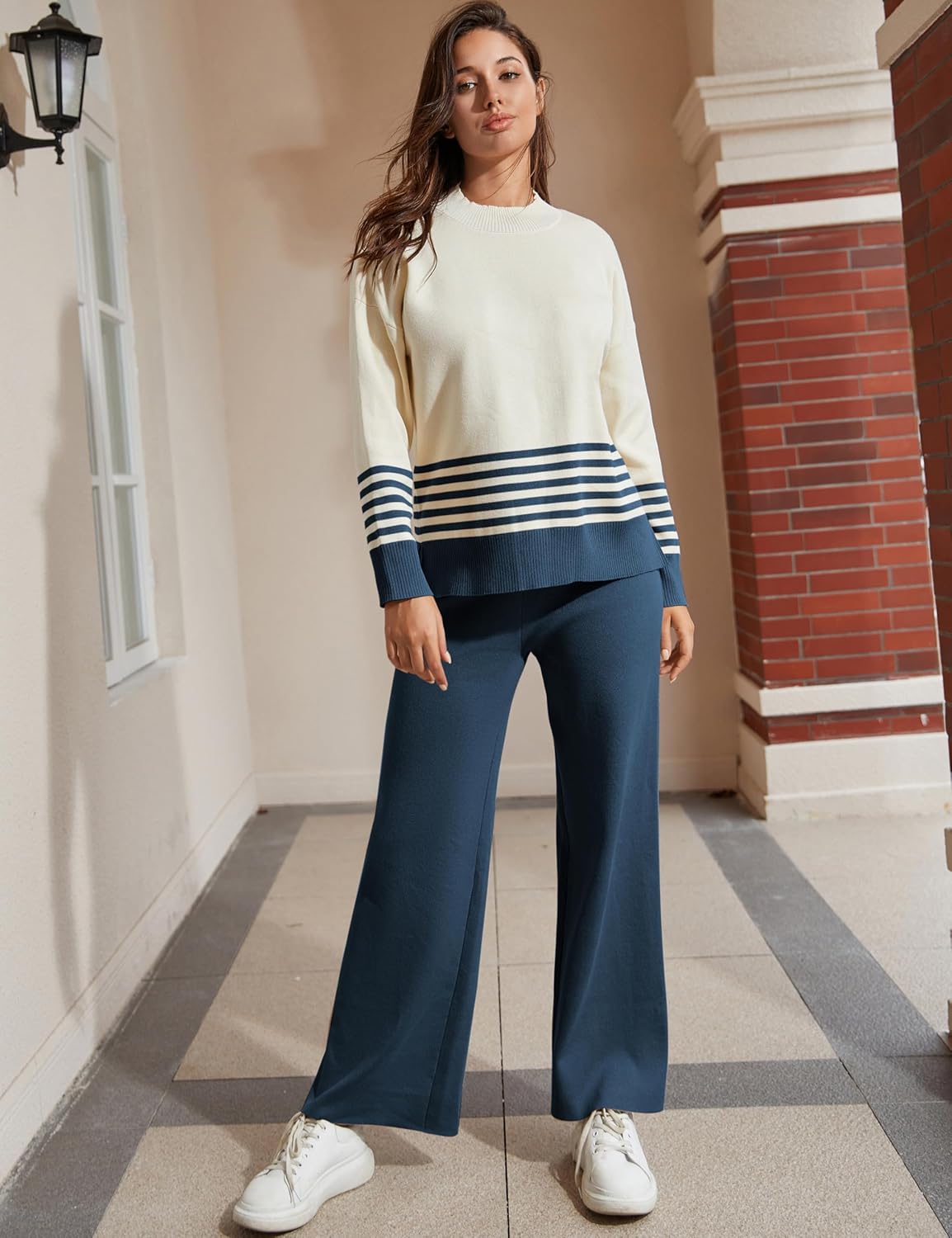 Tanming Women's Lounge Sets 2 Piece Outfits Knitted Pullover Sweater Tops Wide Leg Pants Tracksuit