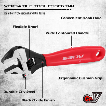 Adjustable Wrench Set Pipe Spanner: 6" 8" 10" Wide Jaw Black Oxide Wrench With Cushion Grip, Laser Marked Metric & SAE Scales, CR-V Steel for Professional