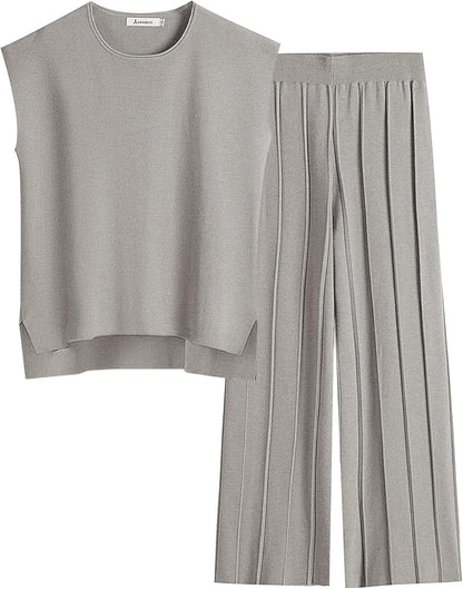 ANRABESS Women 2 Piece Lounge Sets Summer Casual Knit Sweater Vest Pant Set Beach Vacation Airport Clothes 2025 Fall Outfits