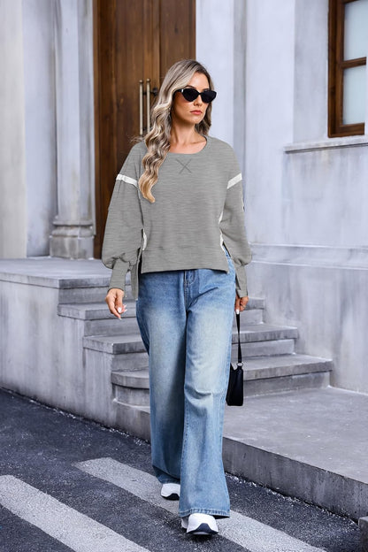 Women's Crew Neck Sweatshirts Casual Loose Long Sleeve Side Slit Oversized Reverse Seam Sweatshirt Clothes Pullover