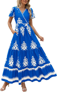 PRETTYGARDEN Womens 2025 Summer Casual V Neck Boho Maxi Dress Flowy Aline Bell Sleeve Tiered Floral Dresses with Pocket