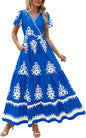 PRETTYGARDEN Womens 2025 Summer Casual V Neck Boho Maxi Dress Flowy Aline Bell Sleeve Tiered Floral Dresses with Pocket