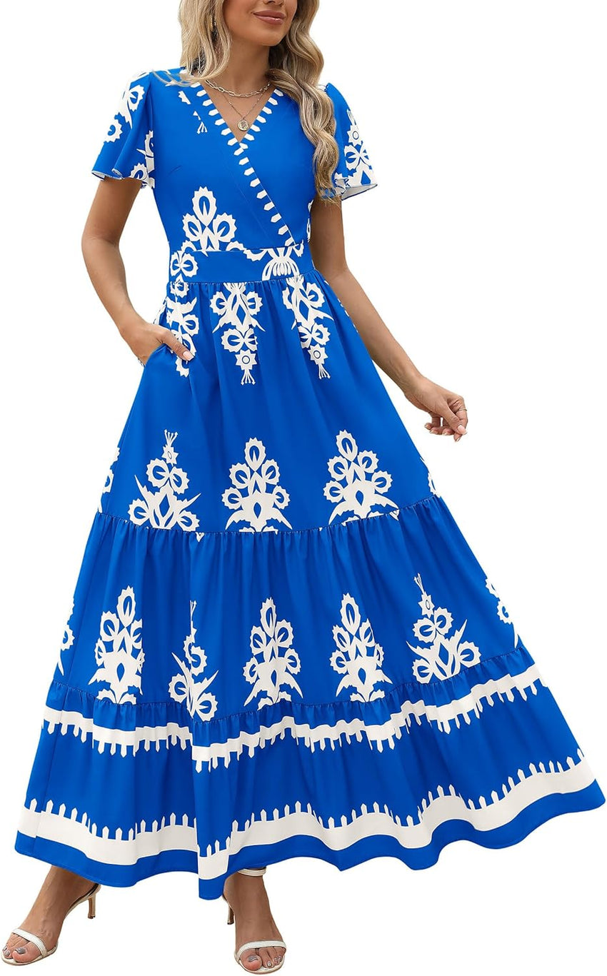 PRETTYGARDEN Womens 2025 Summer Casual V Neck Boho Maxi Dress Flowy Aline Bell Sleeve Tiered Floral Dresses with Pocket