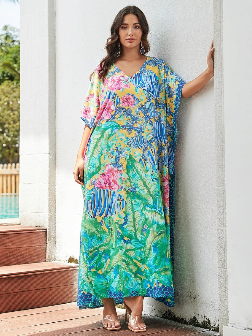 Women's Plus Size Loose Fit Moroccan Print V-Neck Batwing Kaftan Beach Dress Bathing Suit Cover Up
