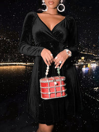 Sexyasasii Womens Wrap V Neck Long Sleeve Velvet Glitter A Line Cocktail Party Swing Fit and Flare Skater Mini Dress