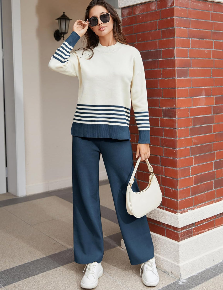 Tanming Women's Lounge Sets 2 Piece Outfits Knitted Pullover Sweater Tops Wide Leg Pants Tracksuit