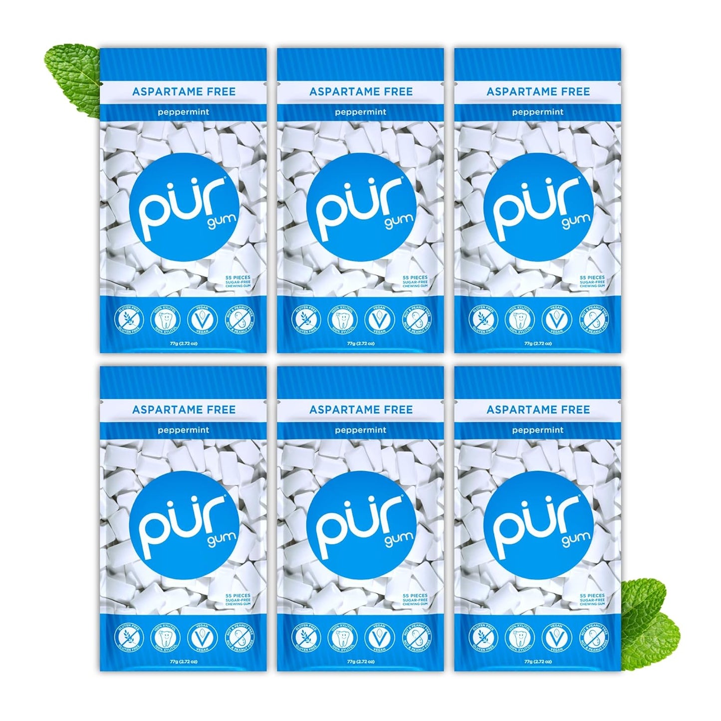 PUR Gum | Aspartame Free Chewing Gum | 100% Xylitol | Natural Spearmint Flavored Gum, 55 Pieces (Pack of 3)