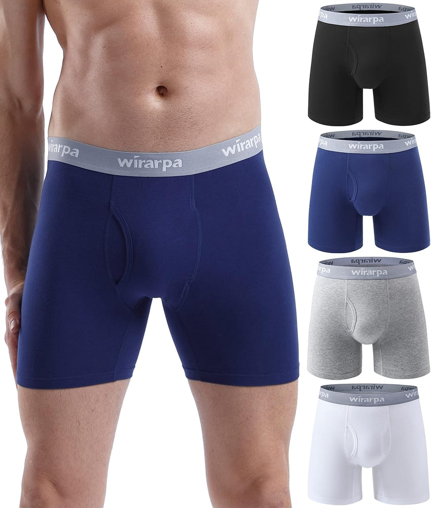 wirarpa Men's Boxer Briefs Cotton Stretch Underwear Open Fly Tagless Underpants Regular Leg 4 PackPack