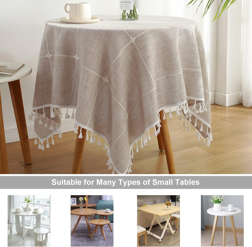 Square Lattice Small Tablecloth Cotton Linen Light Brown Dust-Proof Washable Boho Embroidery Table Cover Rustic Table Cloth for Coffee Party Kitchen Dining Tabletop Decoration 36 x 36 Inch