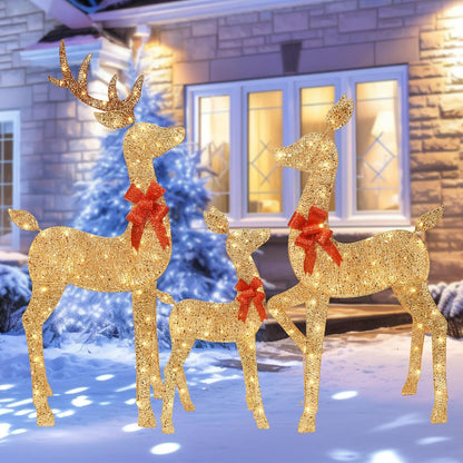 3-Piece 2D Lighted Christmas Deer Family Set - HOYECHI Large Outdoor Yard Reindeer Holiday Decoration with 145 LED Lights, Stakes, Zip Ties - Gold