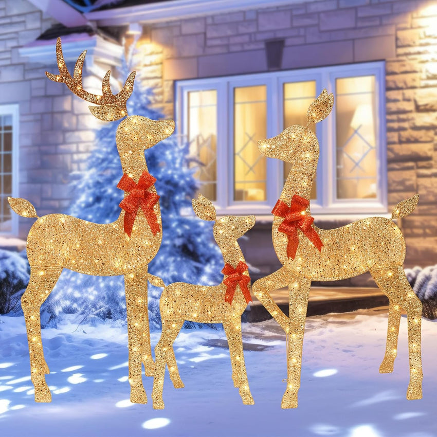 3-Piece 2D Lighted Christmas Deer Family Set - HOYECHI Large Outdoor Yard Reindeer Holiday Decoration with 145 LED Lights, Stakes, Zip Ties - Gold