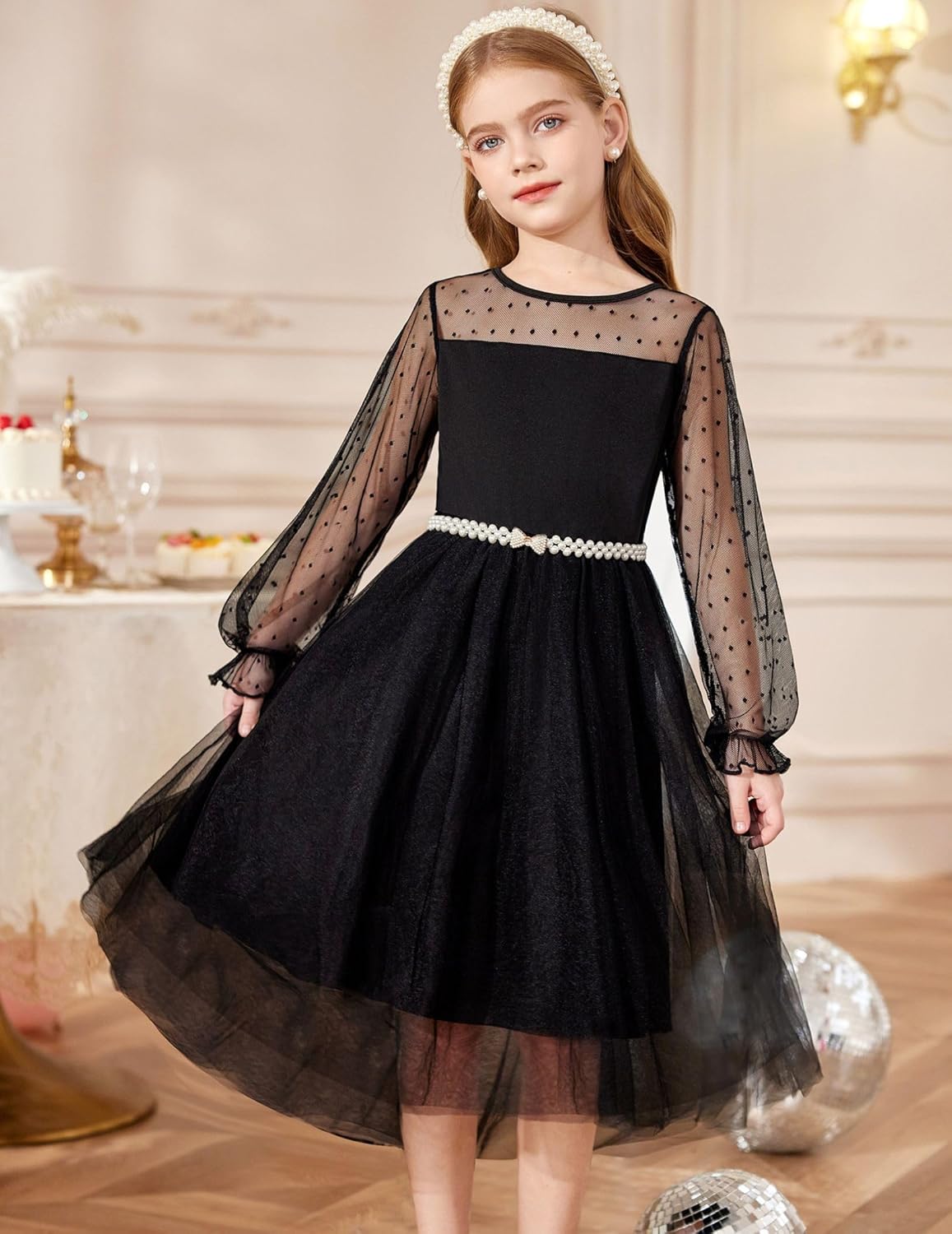 Arshiner Girls Dresses Contrast Mesh Long Sleeve Twirly High Low Birthday Party Formal Dress