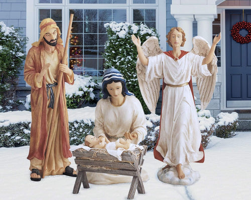 THREE KINGS GIFTS THE ORIGINAL GIFTS OF CHRISTMAS Holy Family and Angel Outdoor Nativity Bundled with Eighty One Inch Tall Stable