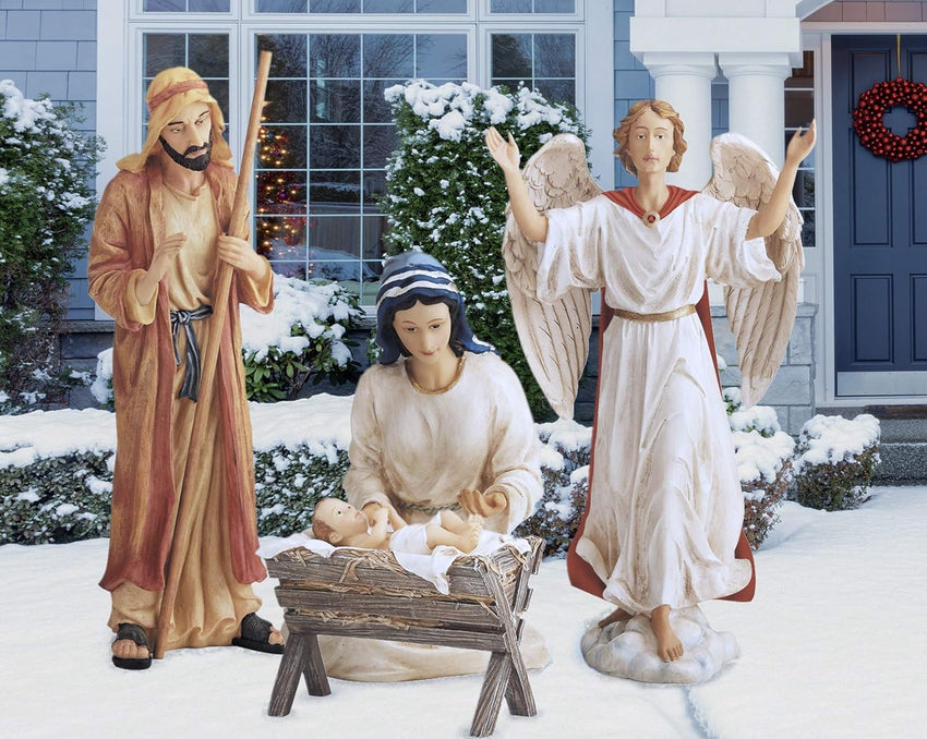THREE KINGS GIFTS THE ORIGINAL GIFTS OF CHRISTMAS Holy Family and Angel Outdoor Nativity Bundled with Eighty One Inch Tall Stable