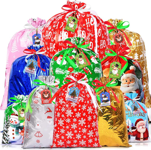 AhfuLife 32pcs Christmas Drawstring Gift Bags with Tags, 5 Assorted Size Xmas Gift Wrapping Bags, Christmas Extra Large Medium Small Gift Bags Bulk for Party Decorations