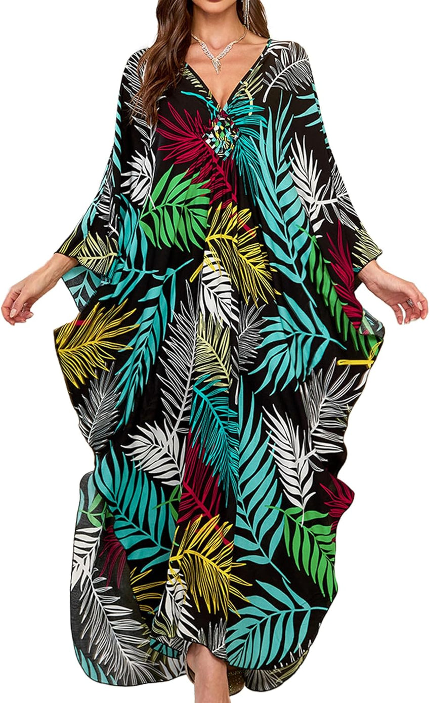 Women Kaftan Dresses Plus Size V-Neck Batwing Sleeves Beach Cover Up 2025 Summer Floral Print Caftan Dress