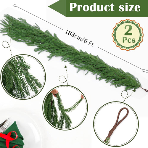 Hananona 2 Pcs 6 Ft Artificial Norfolk Pine Garlands, Real Touch Winter Pine Garland, Green Artificial Greenery Garland for Table, Mantle, Wall, Indoor, Outdoor Christmas Decorations (2, 6 FT)