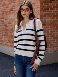 CIDER Women’s Polo Sweater Striped Collared Lightweight Long Sleeve V Neck Pullover Fall Sweater Tops 2025