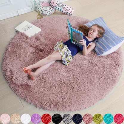 Amdrebio Light Pink Round Rug 4Ft for Girls Bedroom, Fluffy Circle Area Rugs for Kids Room Decor Aesthetic, Cute Shag Fuzzy Carpet for Nursery, Preppy Dorm, Classroom, Playroom, Teen, Baby, Washable
