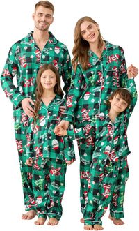 Satin Family Christmas Pajamas Set Soft Button Down Holiday Sleepwear Matching PJs for Couple Men Women Jammies Party