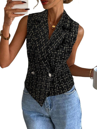 Mina Self 2025 Womens Summer Tweed Plaid Vest Tops Sleeveless Lightweight Crop Double Breasted Work Jacket
