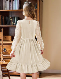 Arshiner Girls Dresses Contrast Mesh Velvet Long Sleeve A-Line Vintage Party Dress with Pockets