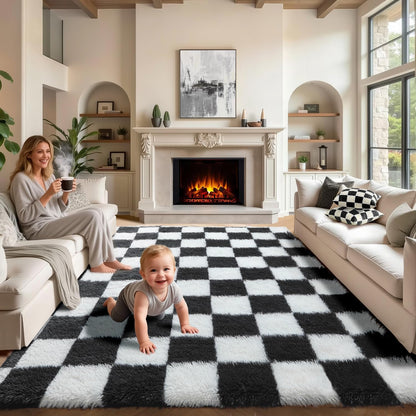KICMOR Navy Blue and Cream White Rugs for Living Room, 4x6 Fluffy Fuzzy Shag Checkered Rug Shaggy Carpet for Bedroom, Soft Plush Area Rug for Nursery Toddler Room Classroom Study Room Kids Room