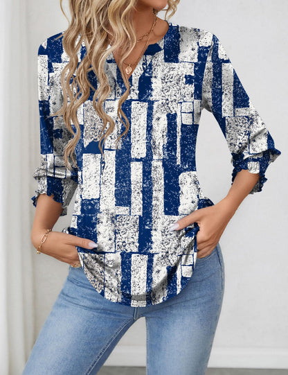 LOMON Blouses for Women Dressy Casual 3/4 Sleeve Tops for Women V Neck T Shirt Ladies Tops and Blouses Orange Blue Print L