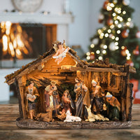 Bshine Nativity Scene Set Christmas Decor, Wooden Stable with LED Lights 12.4x9.05 Holy Family with Manger Baby Jesus Figurine, Nativity Scene Indoor Decor Home Desktop Collectible Ornaments