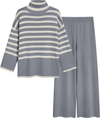 Tanming Women's Sweater Sets Long Sleeve Striped Jumper Tops Casual Knit Wide Leg Pants Sets