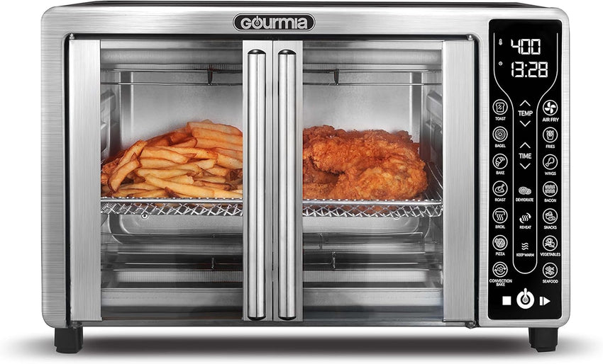 Gourmia Toaster Oven Air Fryer Combo 17 cooking presets 1700W french door digital air fryer oven 24L capacity accessories, convection rack, baking pan tray recipe book GTF7460,Large,Black