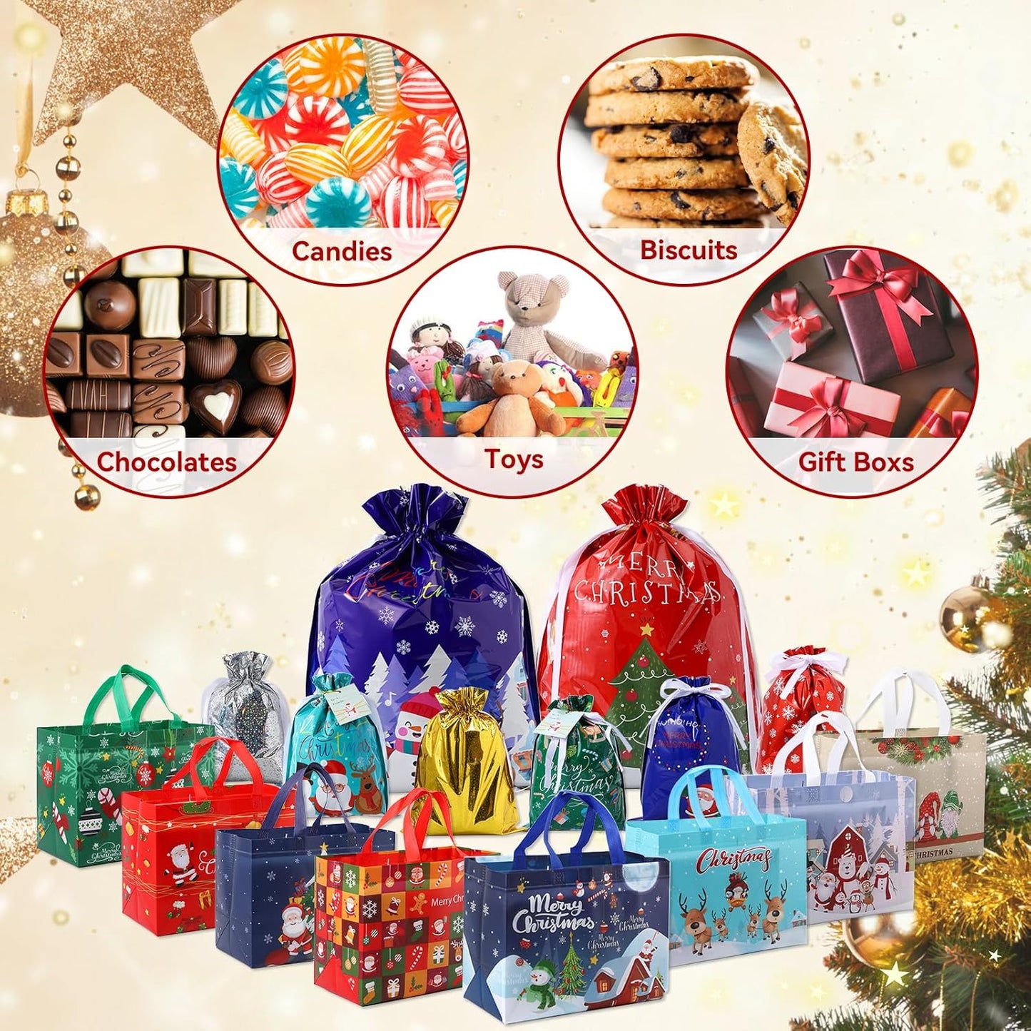 PARTTELY 30 Pack Drawstring Christmas Gift Bags Assorted Sizes Reusable Christmas Tote Bags Gifts Wrapping (22 Pack Drawstring Bags 8 Pack Tote Bags)