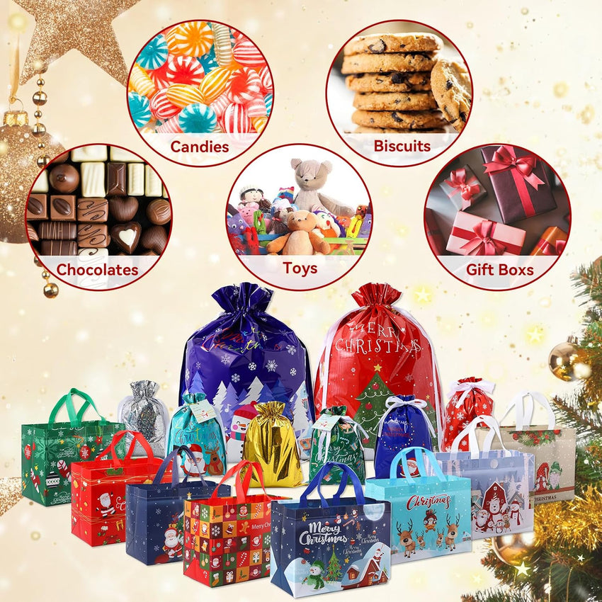 PARTTELY 30 Pack Drawstring Christmas Gift Bags Assorted Sizes Reusable Christmas Tote Bags Gifts Wrapping (22 Pack Drawstring Bags 8 Pack Tote Bags)