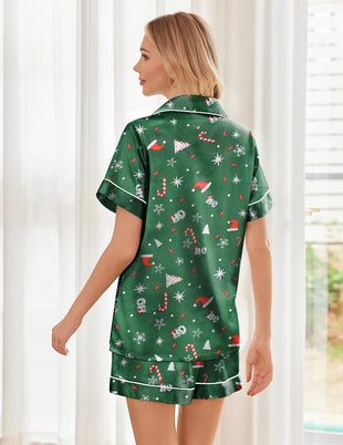 Ekouaer Womens Silk Satin Pajama Sets Soft Short Sleeve Button Down Sleepwear Top and Shorts 2 Piece Pjs Lounge Set