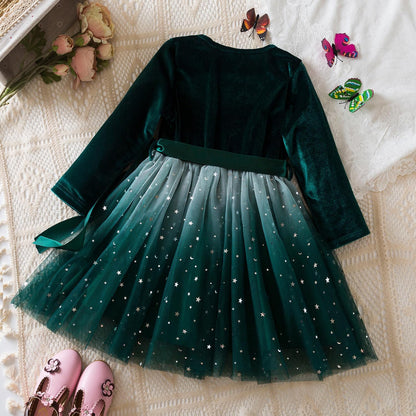 HNXDYY Little Girls Long Sleeve Star Print Knee Length Casual Princess Dress