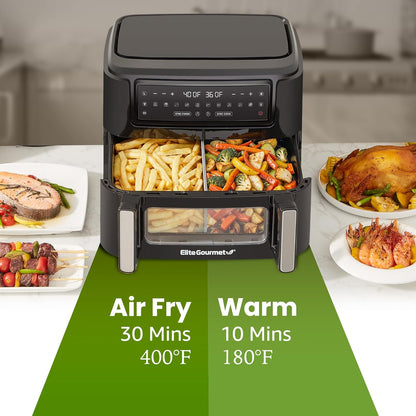 Elite Gourmet EAF1055D Dual Zone Air Fryer Oven, 11QT. Capacity with Divider, Sync Finish, Dishwasher Safe Basket, 10 Preset Functions, 1600-Watts, with Recipe Booklet, Black