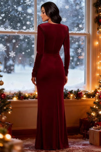 Long Sleeve Velvet Bridesmaid Dress with Tie 2026 V Neck Mermaid Maxi Formal Evening Dress AS010