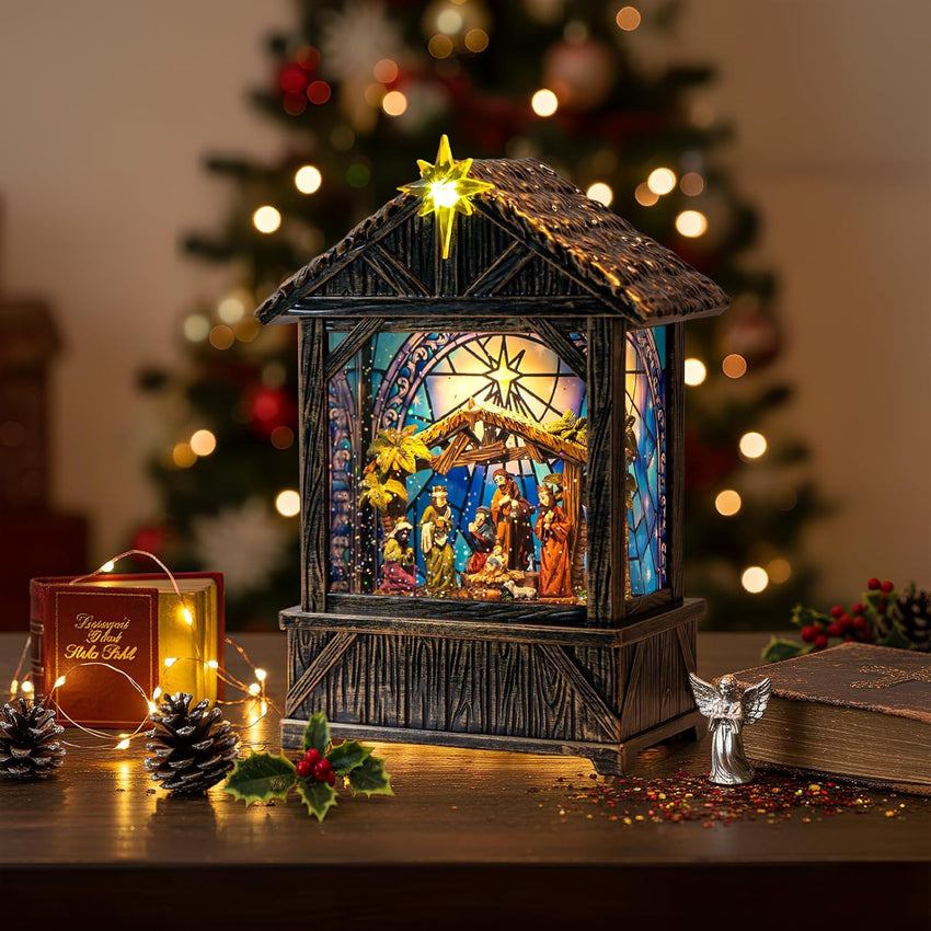 Nativity with Star Musical Lighted Water Creche with Swirling Glitter, Christmas Snow Globe Nativity Manger for Xmas with Music, Holiday Decorations Gifts for Family, Children or Friends