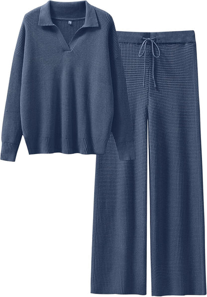 ANRABESS Women Two Piece Outfits Sweater Sets Lounge Waffle Knit Pullover Matching Wide Leg Pants Tracksuit 2025 Fall Fashion
