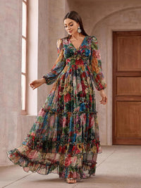 Summer Casual Dresses for Women 2024 Spring Fashion Boho V Neck Long Sleeve Ruffle Floral Print Elegant Maxi Dress