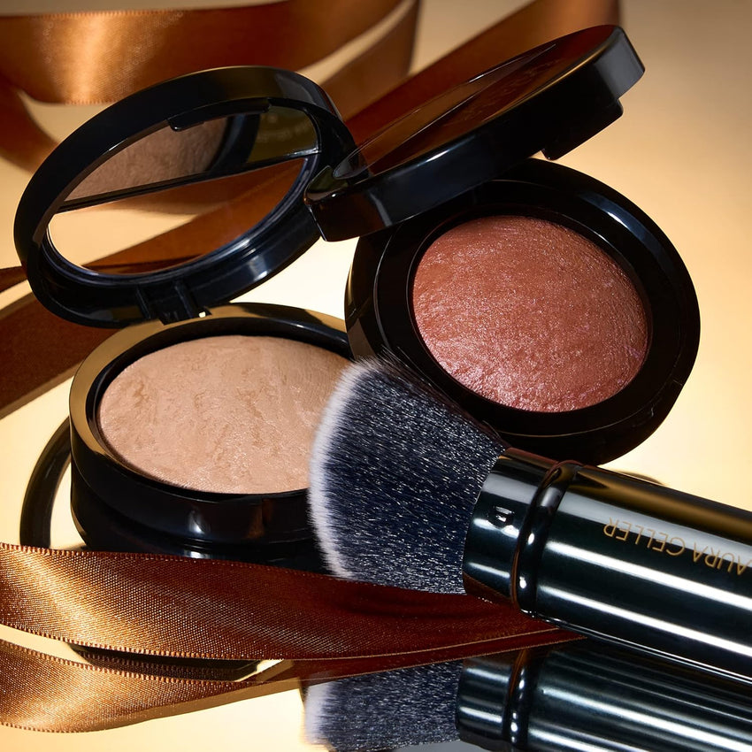 LAURA GELLER NEW YORK Baked Balance-N-Glow Illuminating Powder Foundation, Medium + Retractable Kabuki Brush + Baked Blush-N-Brighten, Pink Grapefruit