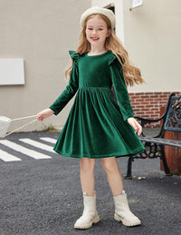 Arshiner Toddler Velvet Dress Little Girls Fall Winter Long Sleeve Ruffle Holiday Birthday Party Dresses with Pockets