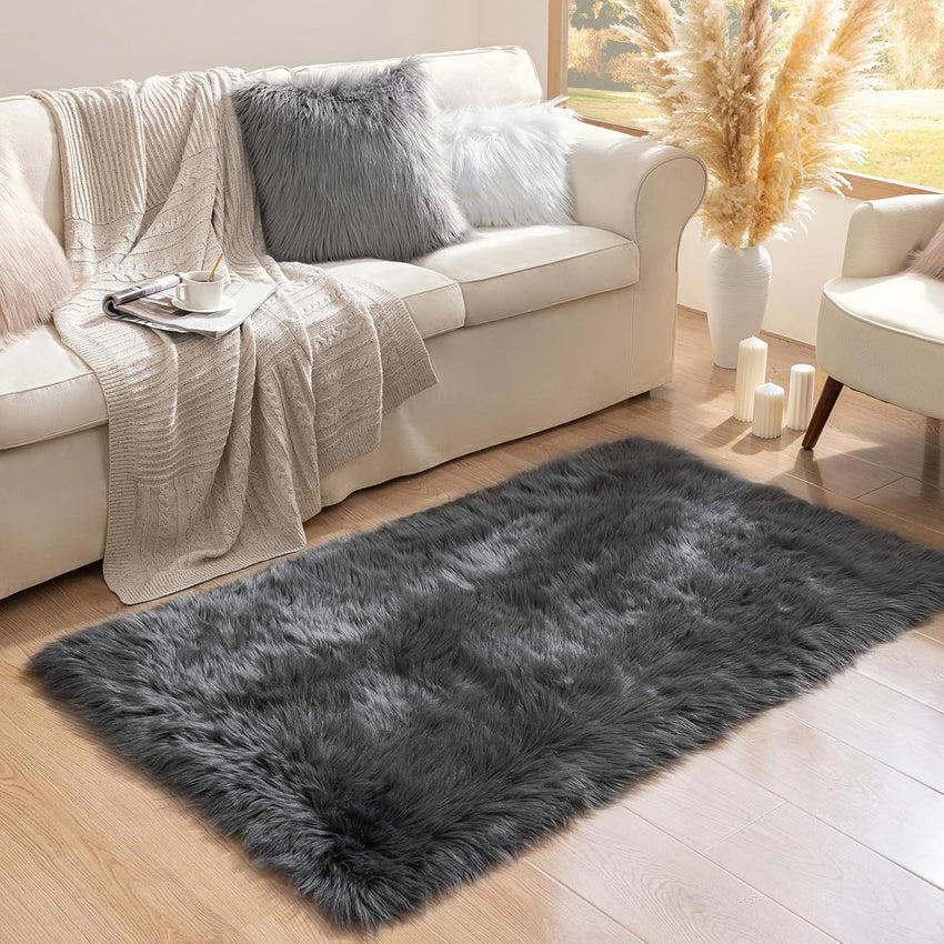 Ashler Faux Fur Rug, Dark Blue Area Rugs, Fluffy Sheepskin Fur Rug, Fuzzy Ultra Soft 2 x 6 Ft Rugs, Machine Washable Shag Rug, Nursery Throw Rugs for Bed, Living, Kids Room