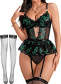 Women Lingerie Set Naughty Lace Bodysuit High Waisted Underwire Lingerie Babydoll With Garter Belt and Stockings