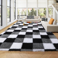 KICMOR Navy Blue and Cream White Rugs for Living Room, 4x6 Fluffy Fuzzy Shag Checkered Rug Shaggy Carpet for Bedroom, Soft Plush Area Rug for Nursery Toddler Room Classroom Study Room Kids Room