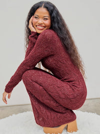 CIDER Burgundy Dress for Women Long Sweater Dresses Mesh Hollow Out Long Sleeve Crew Neck Maxi Winter Dress 2025