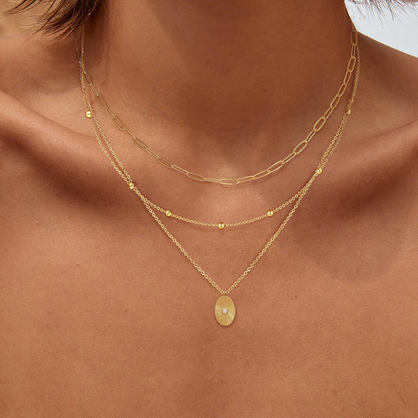 Layered Necklaces for Women, Dainty 14K Gold Plated Circle Peadant Chain Necklace Set Simple Paperclip Stacked Necklaces for Women Trendy Gold Jewelry